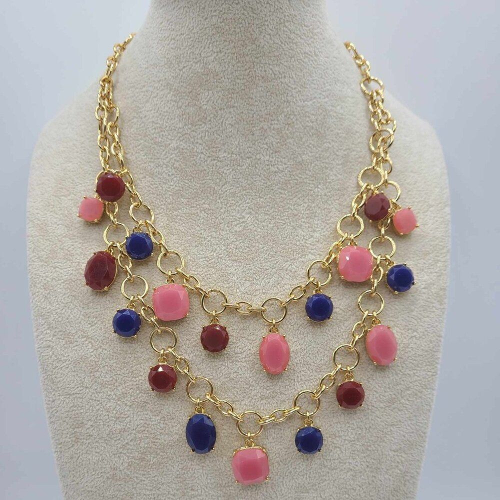 Talbots Gold Tone Double Strand Navy Burgundy Pink Lucite Stone Necklace NWOT!